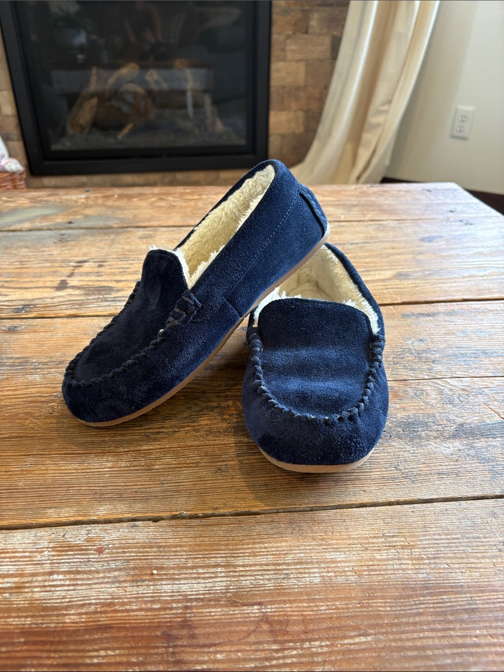 Lands' End Navy Suede Moccasin Slippers with Cream Lining